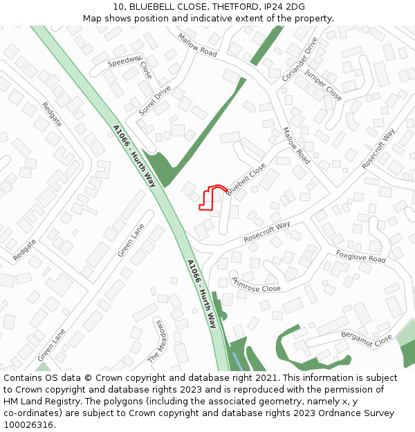10, BLUEBELL CLOSE, THETFORD, IP24 2DG: Location map and indicative extent of plot