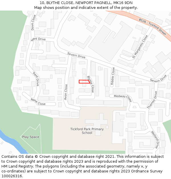 10, BLYTHE CLOSE, NEWPORT PAGNELL, MK16 9DN: Location map and indicative extent of plot