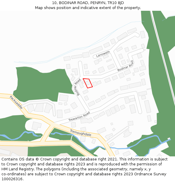 10, BODINAR ROAD, PENRYN, TR10 8JD: Location map and indicative extent of plot