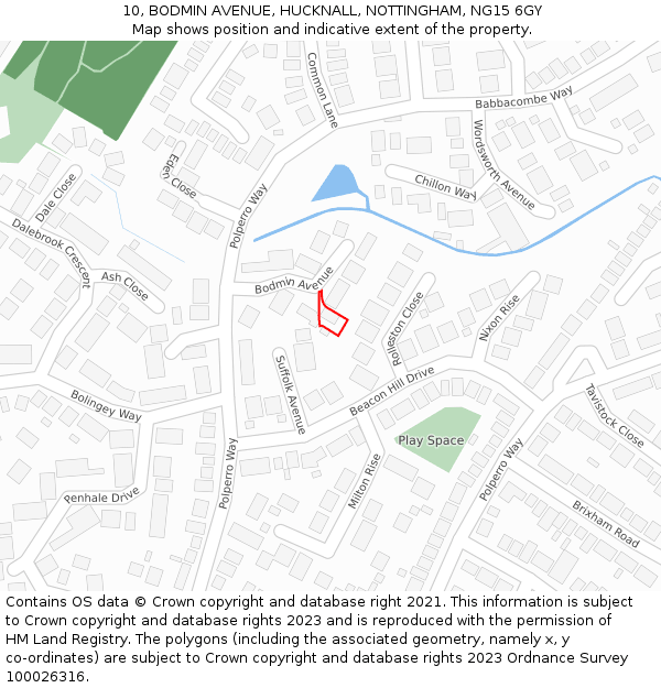 10, BODMIN AVENUE, HUCKNALL, NOTTINGHAM, NG15 6GY: Location map and indicative extent of plot