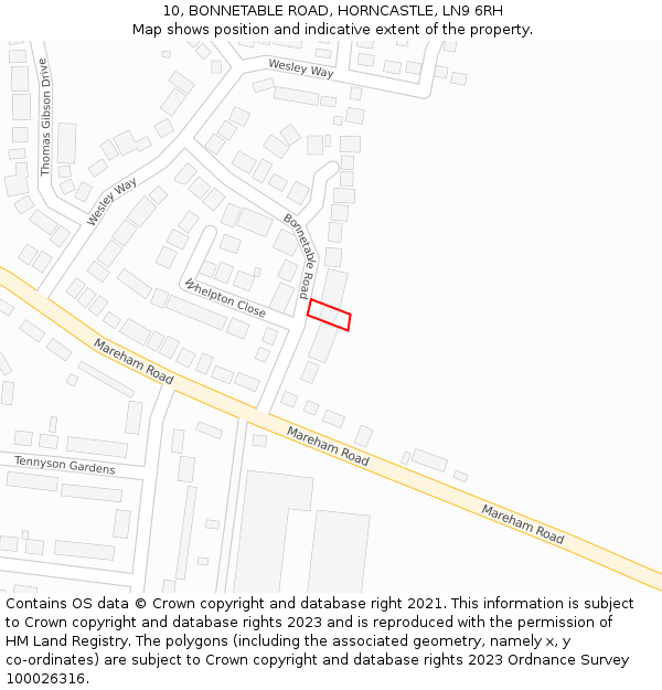 10, BONNETABLE ROAD, HORNCASTLE, LN9 6RH: Location map and indicative extent of plot