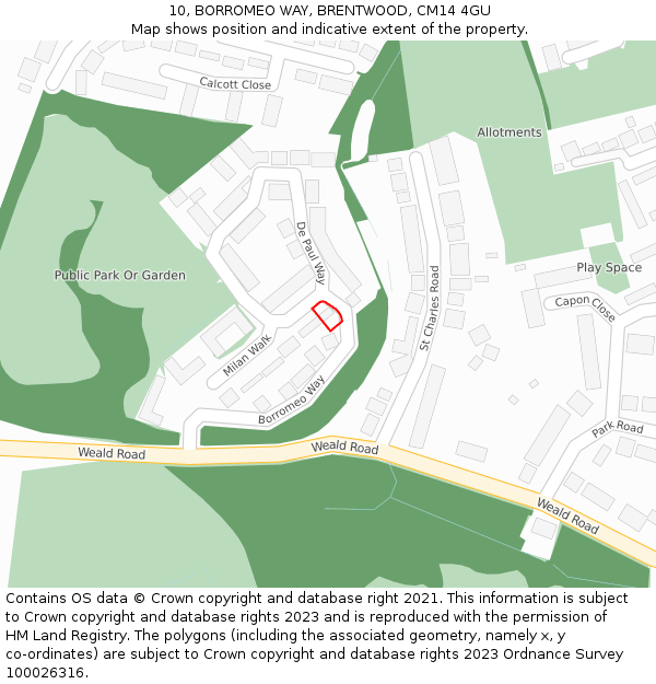 10, BORROMEO WAY, BRENTWOOD, CM14 4GU: Location map and indicative extent of plot