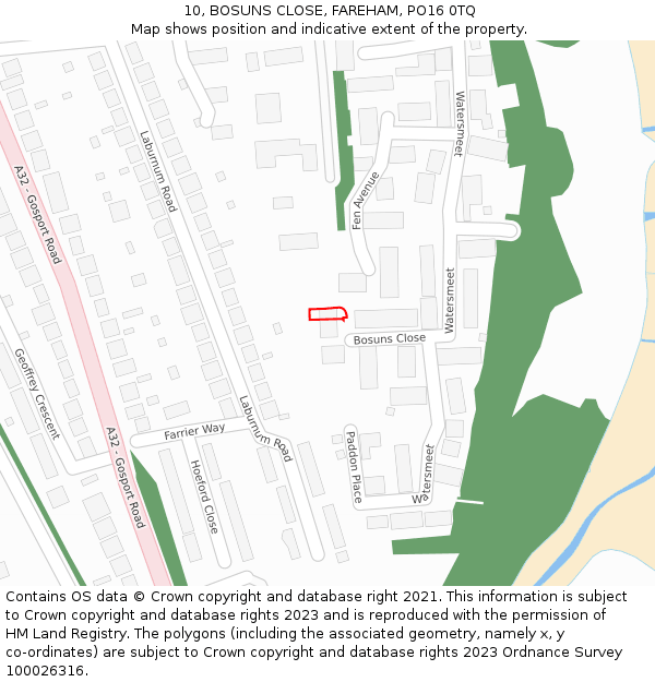 10, BOSUNS CLOSE, FAREHAM, PO16 0TQ: Location map and indicative extent of plot