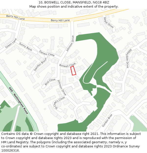 10, BOSWELL CLOSE, MANSFIELD, NG18 4BZ: Location map and indicative extent of plot