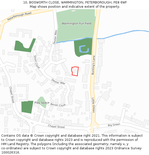 10, BOSWORTH CLOSE, WARMINGTON, PETERBOROUGH, PE8 6WF: Location map and indicative extent of plot