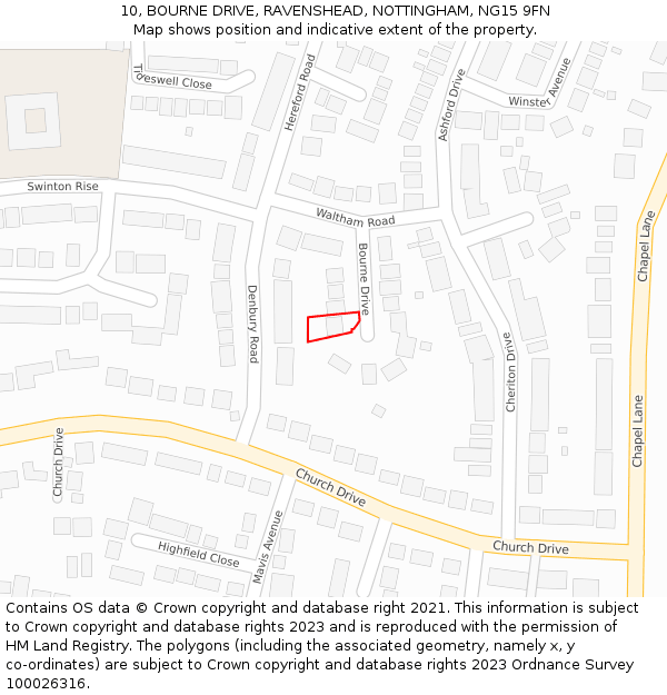 10, BOURNE DRIVE, RAVENSHEAD, NOTTINGHAM, NG15 9FN: Location map and indicative extent of plot