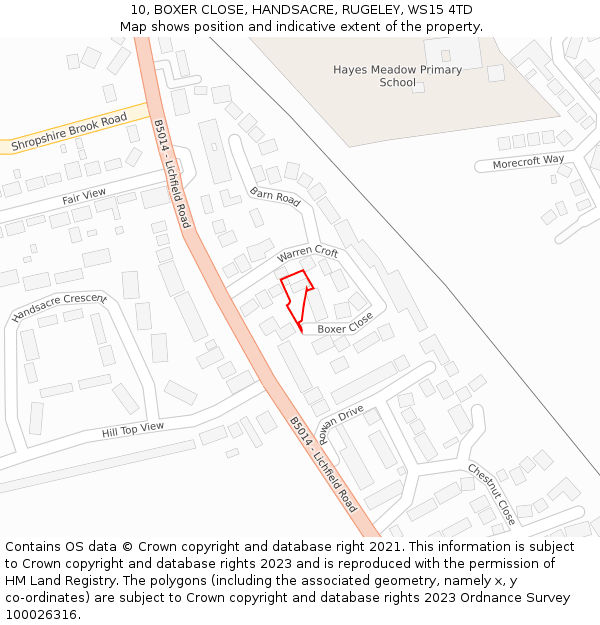 10, BOXER CLOSE, HANDSACRE, RUGELEY, WS15 4TD: Location map and indicative extent of plot