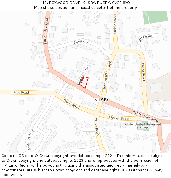 10, BOXWOOD DRIVE, KILSBY, RUGBY, CV23 8YQ: Location map and indicative extent of plot