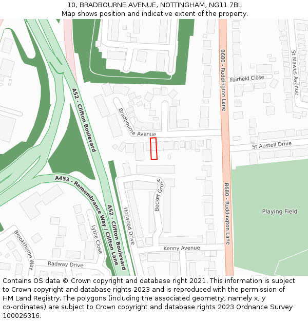 10, BRADBOURNE AVENUE, NOTTINGHAM, NG11 7BL: Location map and indicative extent of plot