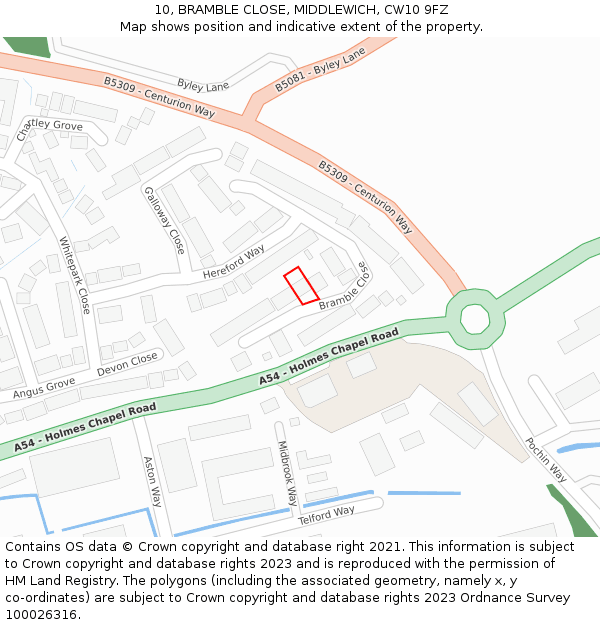 10, BRAMBLE CLOSE, MIDDLEWICH, CW10 9FZ: Location map and indicative extent of plot