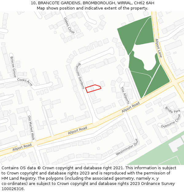10, BRANCOTE GARDENS, BROMBOROUGH, WIRRAL, CH62 6AH: Location map and indicative extent of plot