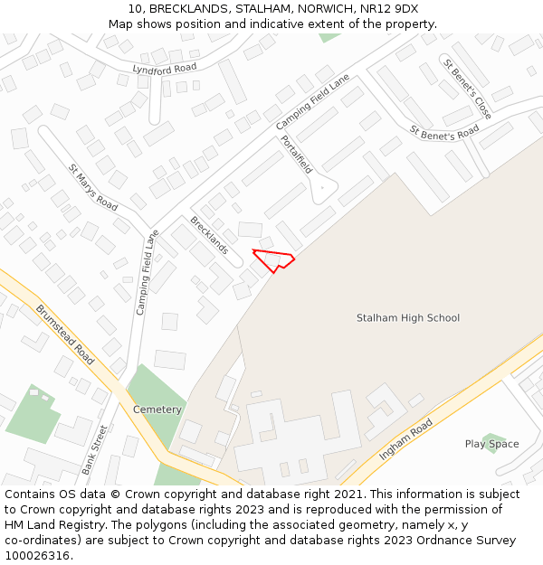 10, BRECKLANDS, STALHAM, NORWICH, NR12 9DX: Location map and indicative extent of plot