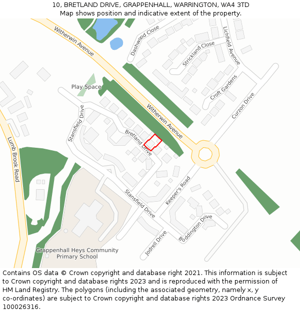 10, BRETLAND DRIVE, GRAPPENHALL, WARRINGTON, WA4 3TD: Location map and indicative extent of plot