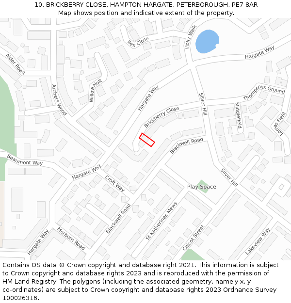 10, BRICKBERRY CLOSE, HAMPTON HARGATE, PETERBOROUGH, PE7 8AR: Location map and indicative extent of plot