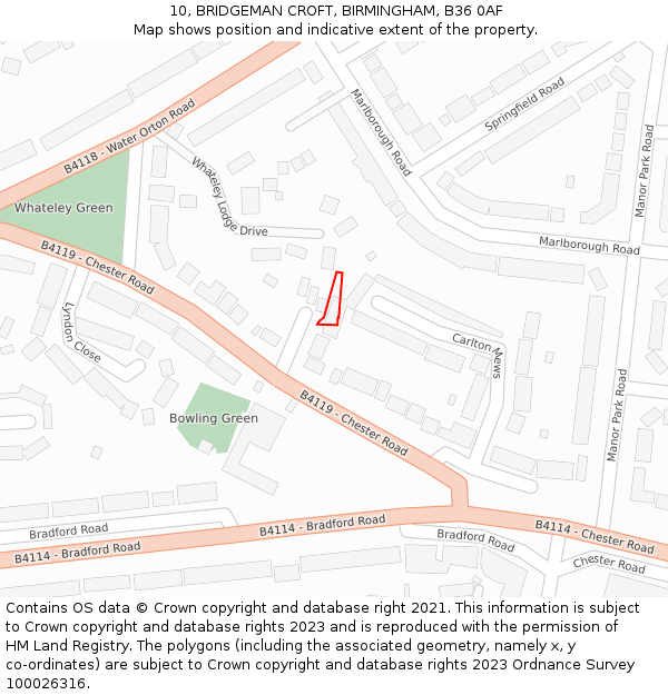 10, BRIDGEMAN CROFT, BIRMINGHAM, B36 0AF: Location map and indicative extent of plot