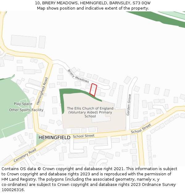 10, BRIERY MEADOWS, HEMINGFIELD, BARNSLEY, S73 0QW: Location map and indicative extent of plot