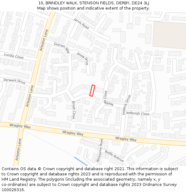 10, BRINDLEY WALK, STENSON FIELDS, DERBY, DE24 3LJ: Location map and indicative extent of plot