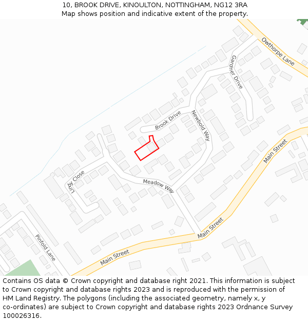 10, BROOK DRIVE, KINOULTON, NOTTINGHAM, NG12 3RA: Location map and indicative extent of plot