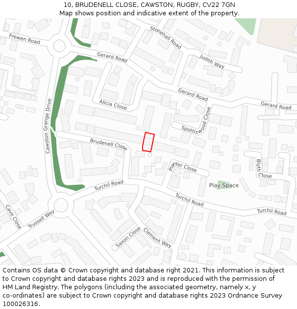 10, BRUDENELL CLOSE, CAWSTON, RUGBY, CV22 7GN: Location map and indicative extent of plot
