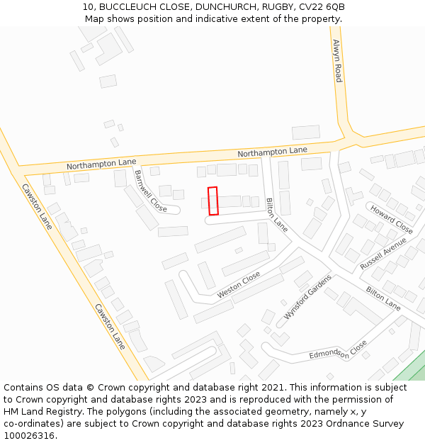 10, BUCCLEUCH CLOSE, DUNCHURCH, RUGBY, CV22 6QB: Location map and indicative extent of plot