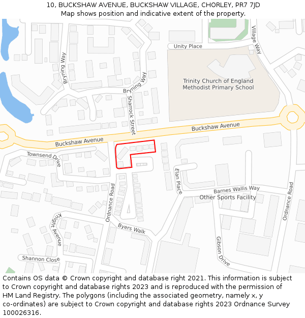10, BUCKSHAW AVENUE, BUCKSHAW VILLAGE, CHORLEY, PR7 7JD: Location map and indicative extent of plot
