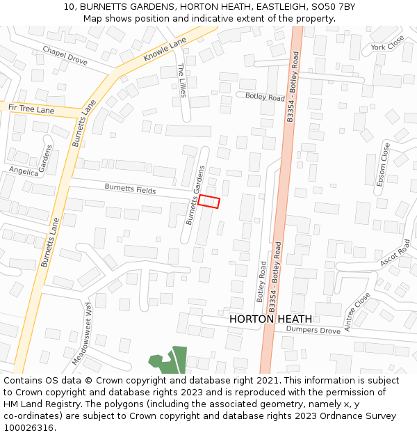 10, BURNETTS GARDENS, HORTON HEATH, EASTLEIGH, SO50 7BY: Location map and indicative extent of plot