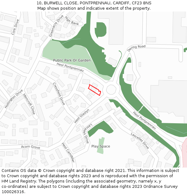 10, BURWELL CLOSE, PONTPRENNAU, CARDIFF, CF23 8NS: Location map and indicative extent of plot