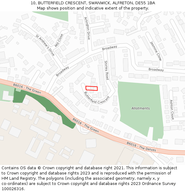 10, BUTTERFIELD CRESCENT, SWANWICK, ALFRETON, DE55 1BA: Location map and indicative extent of plot