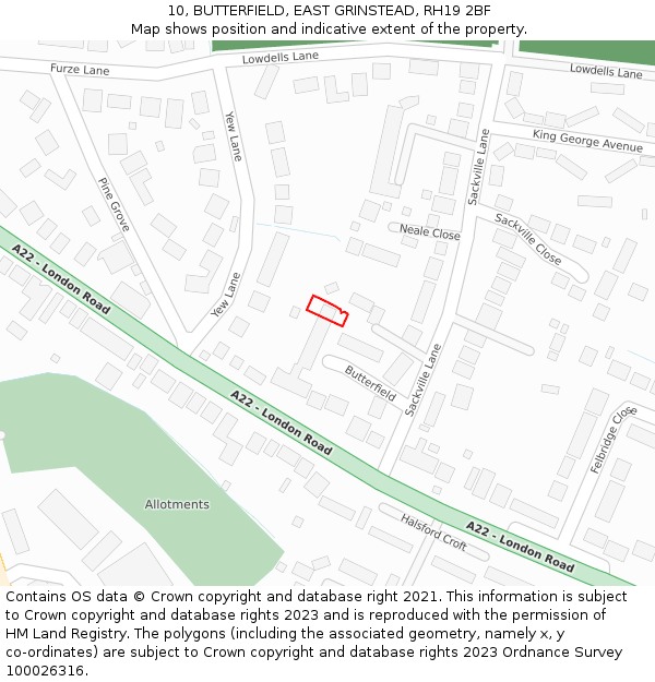 10, BUTTERFIELD, EAST GRINSTEAD, RH19 2BF: Location map and indicative extent of plot
