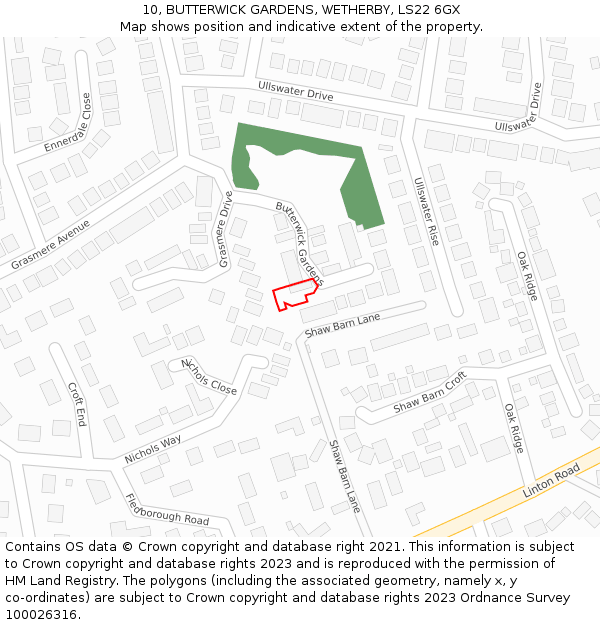 10, BUTTERWICK GARDENS, WETHERBY, LS22 6GX: Location map and indicative extent of plot