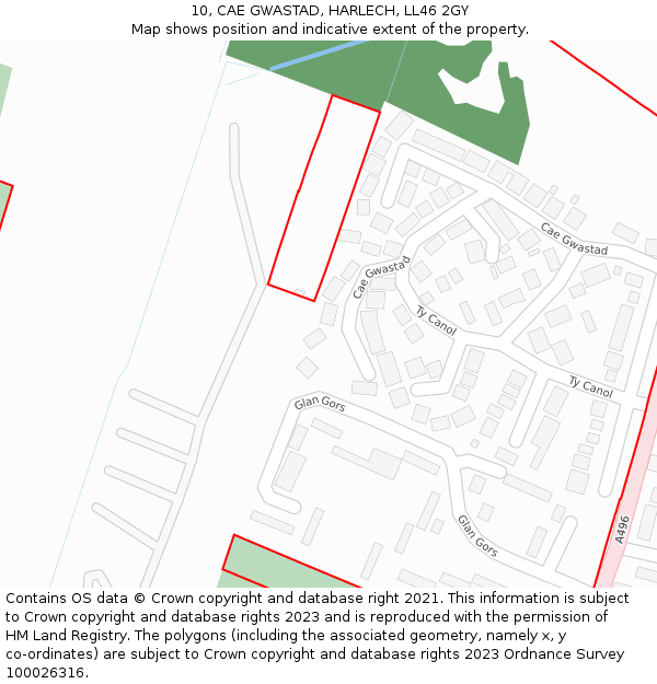 10, CAE GWASTAD, HARLECH, LL46 2GY: Location map and indicative extent of plot