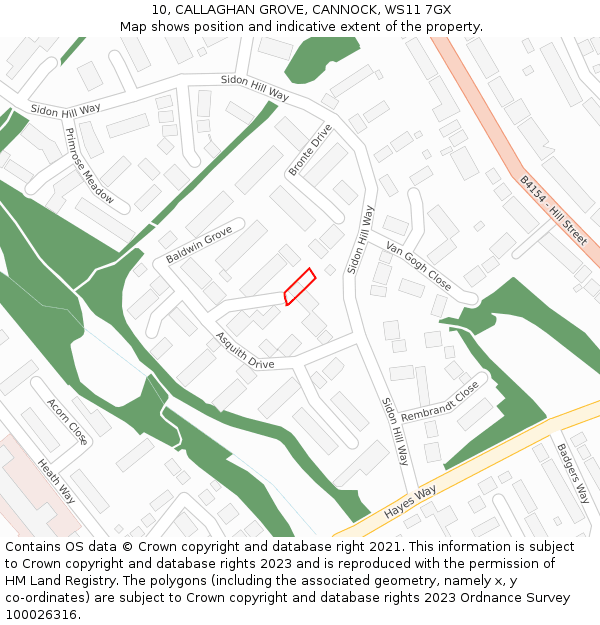 10, CALLAGHAN GROVE, CANNOCK, WS11 7GX: Location map and indicative extent of plot