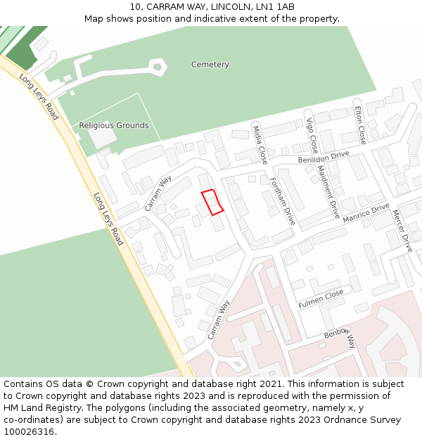 10, CARRAM WAY, LINCOLN, LN1 1AB: Location map and indicative extent of plot