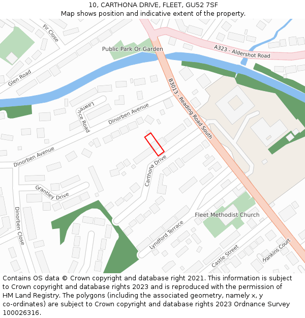 10, CARTHONA DRIVE, FLEET, GU52 7SF: Location map and indicative extent of plot