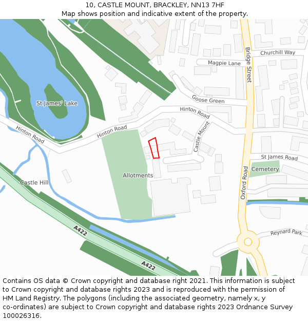 10, CASTLE MOUNT, BRACKLEY, NN13 7HF: Location map and indicative extent of plot