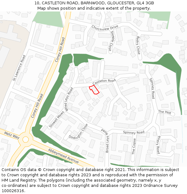 10, CASTLETON ROAD, BARNWOOD, GLOUCESTER, GL4 3GB: Location map and indicative extent of plot