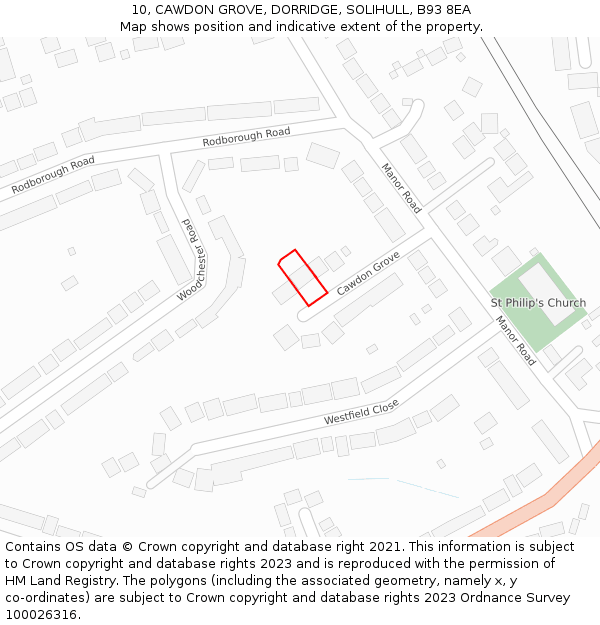 10, CAWDON GROVE, DORRIDGE, SOLIHULL, B93 8EA: Location map and indicative extent of plot