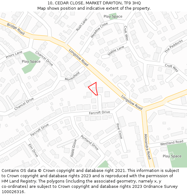 10, CEDAR CLOSE, MARKET DRAYTON, TF9 3HQ: Location map and indicative extent of plot