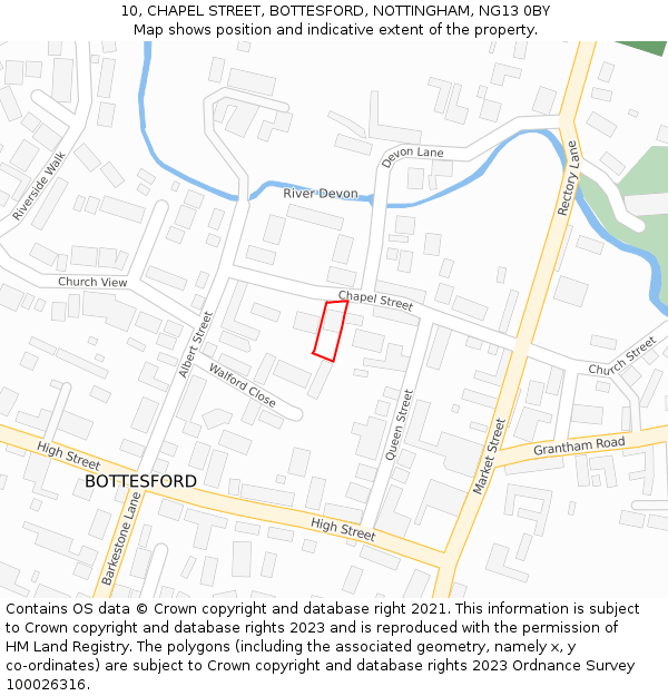 10, CHAPEL STREET, BOTTESFORD, NOTTINGHAM, NG13 0BY: Location map and indicative extent of plot