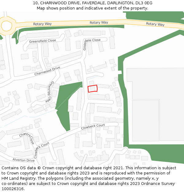 10, CHARNWOOD DRIVE, FAVERDALE, DARLINGTON, DL3 0EG: Location map and indicative extent of plot