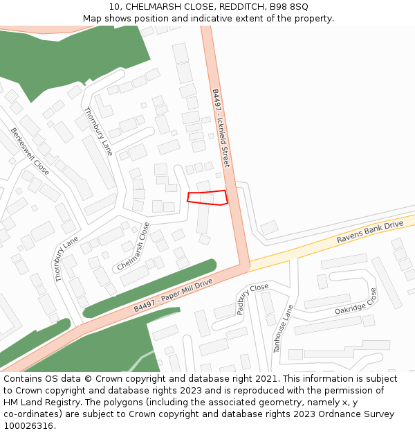 10, CHELMARSH CLOSE, REDDITCH, B98 8SQ: Location map and indicative extent of plot