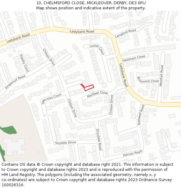 10, CHELMSFORD CLOSE, MICKLEOVER, DERBY, DE3 0PU: Location map and indicative extent of plot
