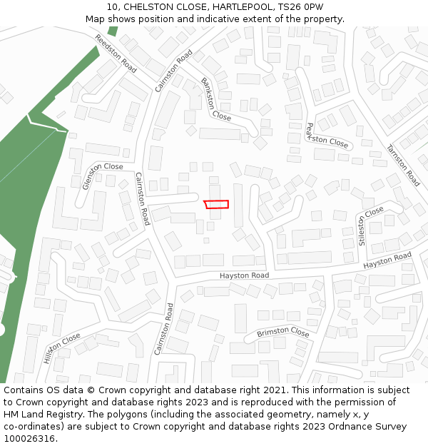 10, CHELSTON CLOSE, HARTLEPOOL, TS26 0PW: Location map and indicative extent of plot