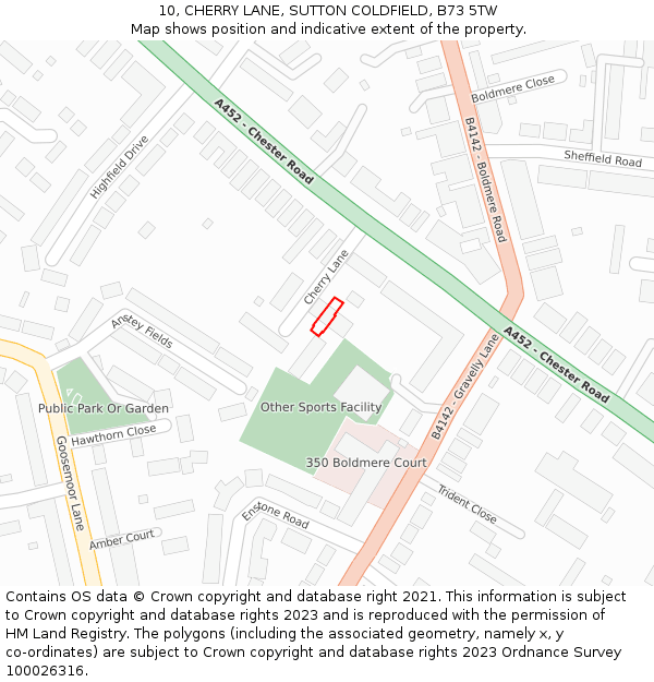 10, CHERRY LANE, SUTTON COLDFIELD, B73 5TW: Location map and indicative extent of plot