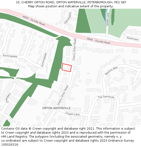 10, CHERRY ORTON ROAD, ORTON WATERVILLE, PETERBOROUGH, PE2 5EF: Location map and indicative extent of plot