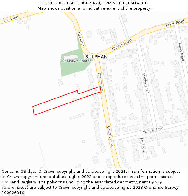 10, CHURCH LANE, BULPHAN, UPMINSTER, RM14 3TU: Location map and indicative extent of plot