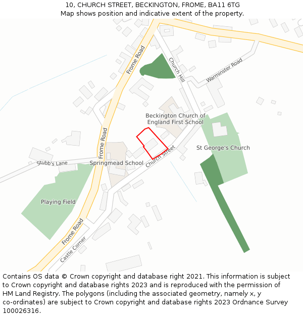 10, CHURCH STREET, BECKINGTON, FROME, BA11 6TG: Location map and indicative extent of plot