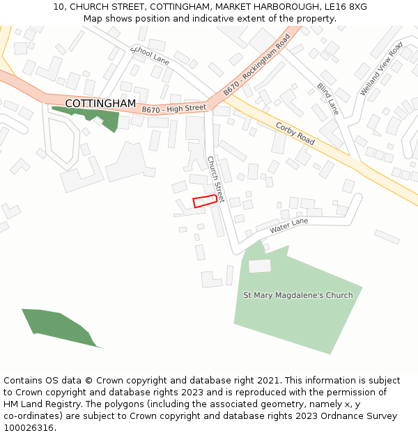 10, CHURCH STREET, COTTINGHAM, MARKET HARBOROUGH, LE16 8XG: Location map and indicative extent of plot