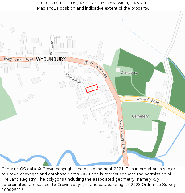 10, CHURCHFIELDS, WYBUNBURY, NANTWICH, CW5 7LL: Location map and indicative extent of plot