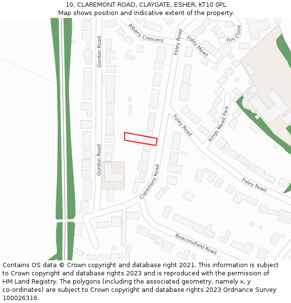 10, CLAREMONT ROAD, CLAYGATE, ESHER, KT10 0PL: Location map and indicative extent of plot